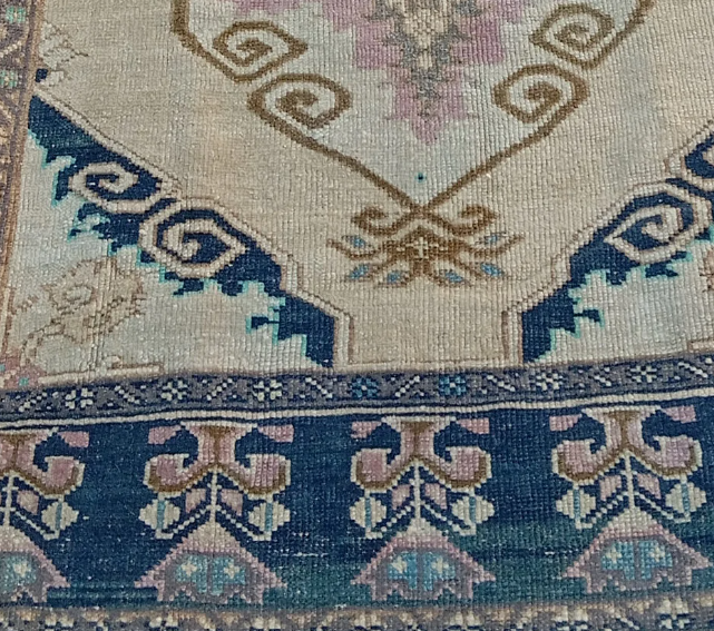 Cielo Vintage Handwoven Turkish Runner, Blue, Beige, Pink 3x12