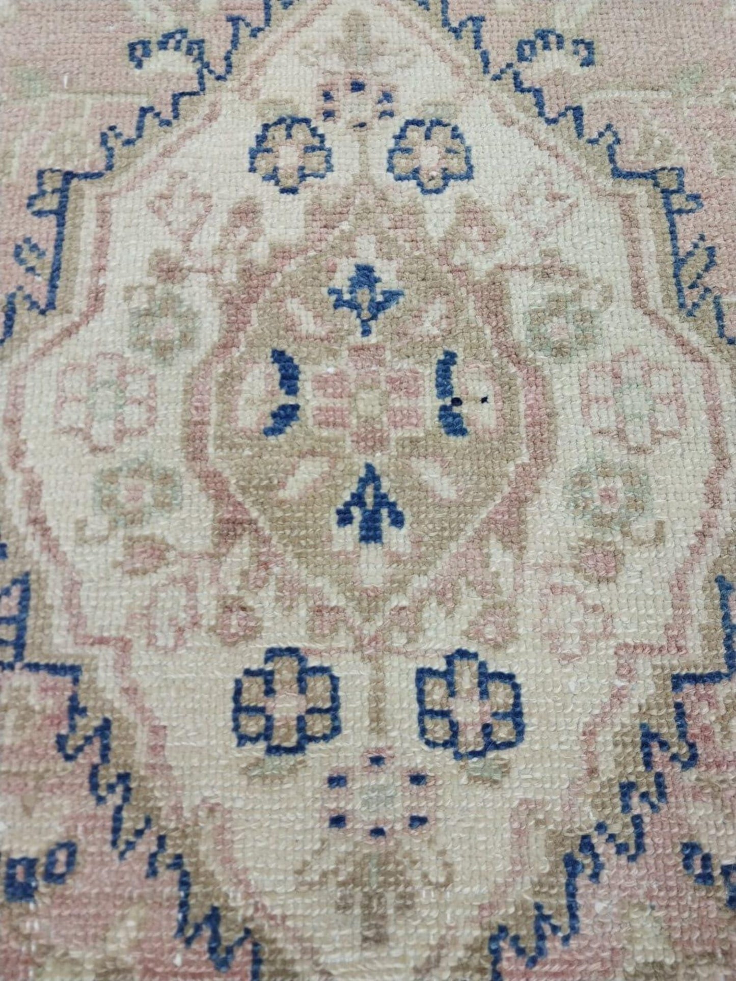 Delphine Vintage Handwoven Turkish Rug, Beige, Pink, Blue 3x12