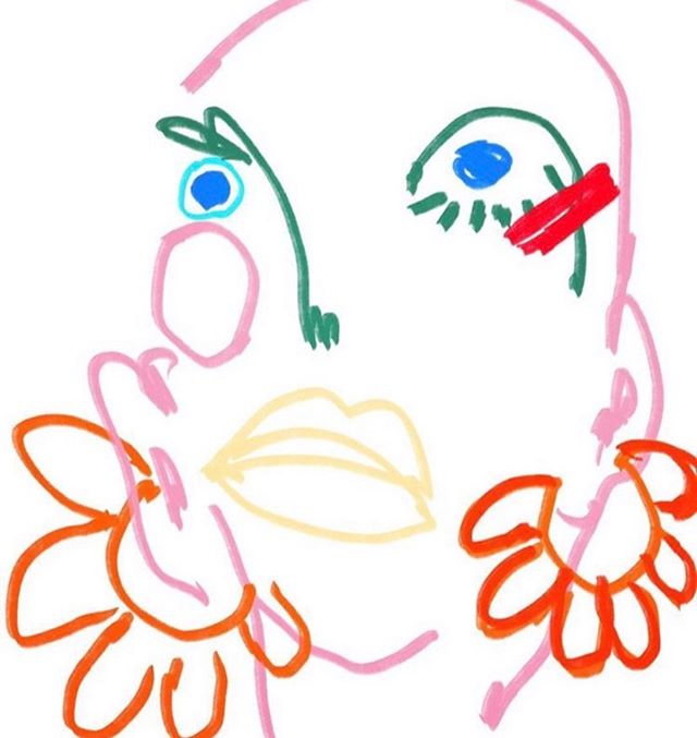 Bright bold digital art print of a woman's face in pink, red, blue, green and yellow