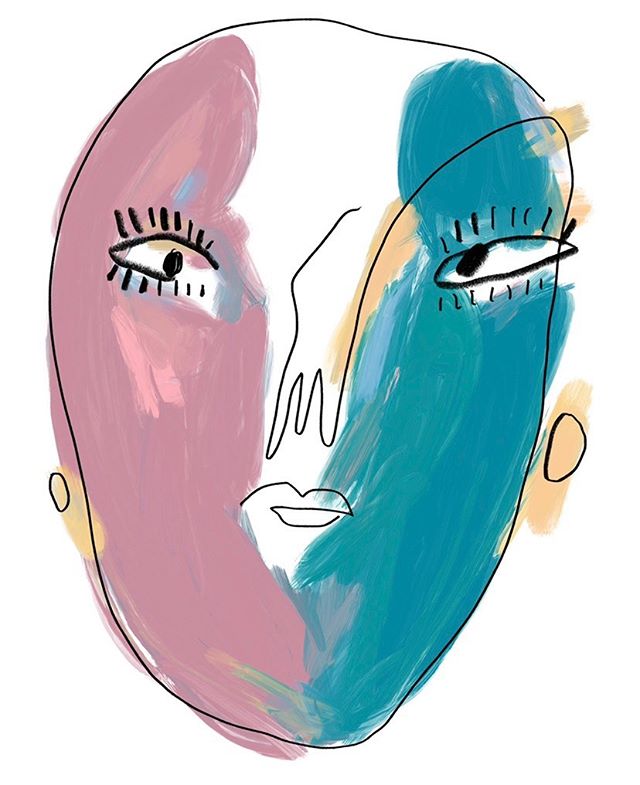 Bold print of a painted line drawing of a woman's face. Pink and teal.