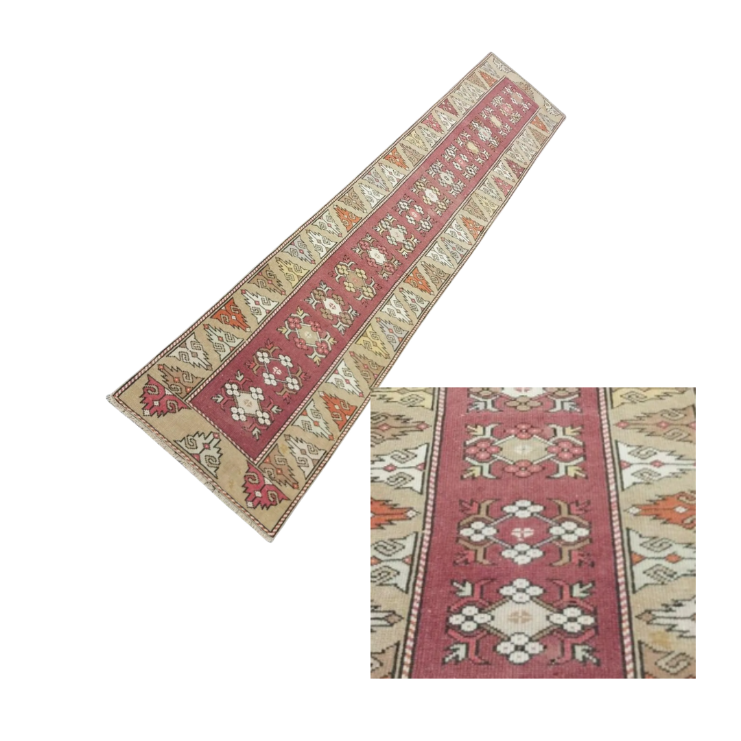 Adana Vintage Handwoven Turkish Runner, Pink, Beige, 2x9