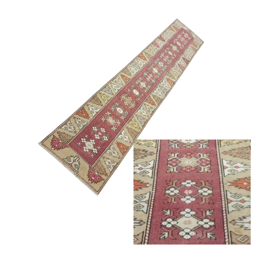 Adana Vintage Handwoven Turkish Runner, Pink, Beige, 2x9
