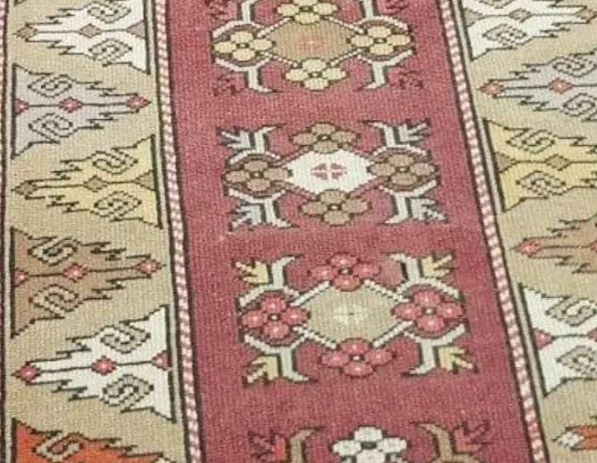 Adana Vintage Handwoven Turkish Runner, Pink, Beige, 2x9