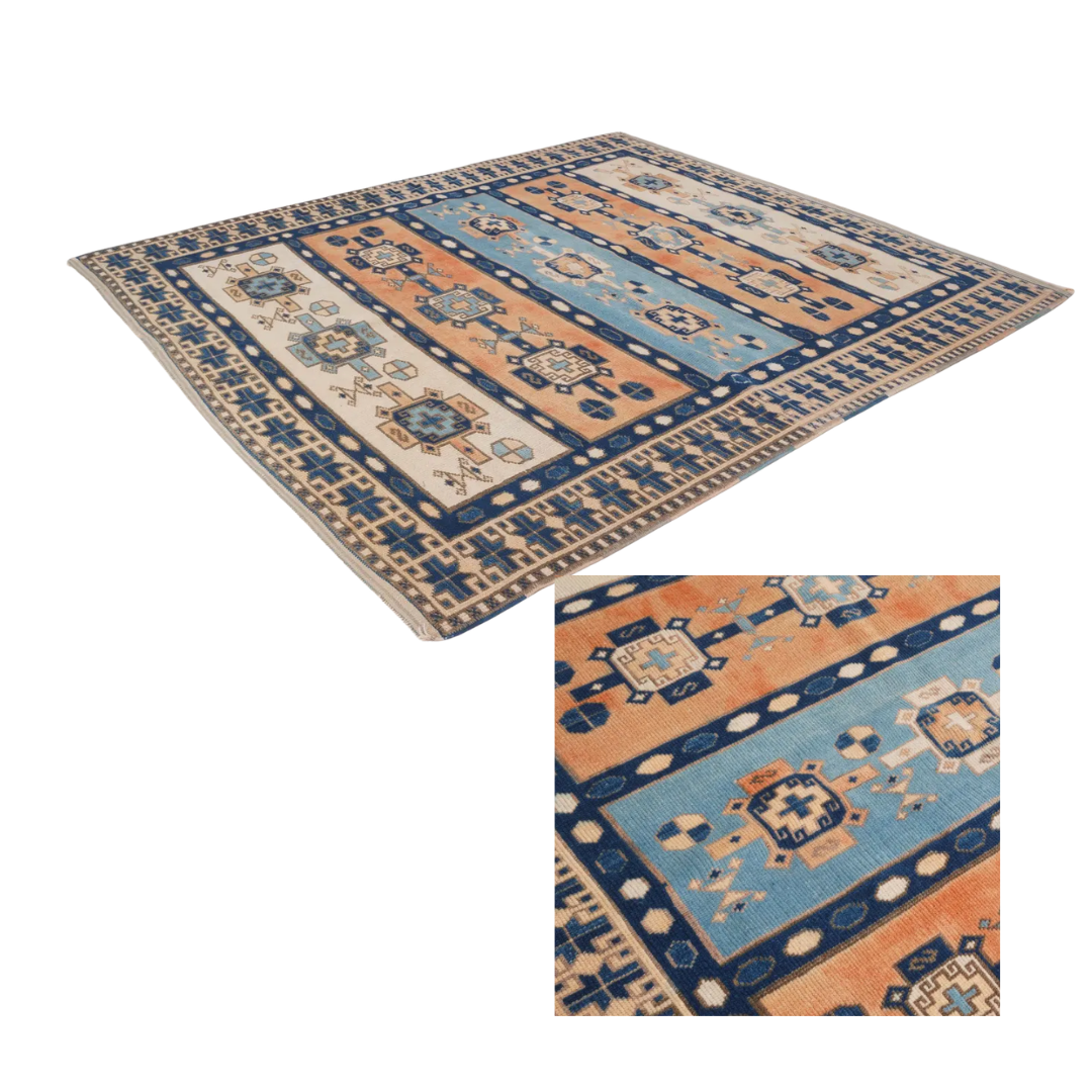Alouette Vintage Handwoven Turkish Rug, Orange, Blue 4x5