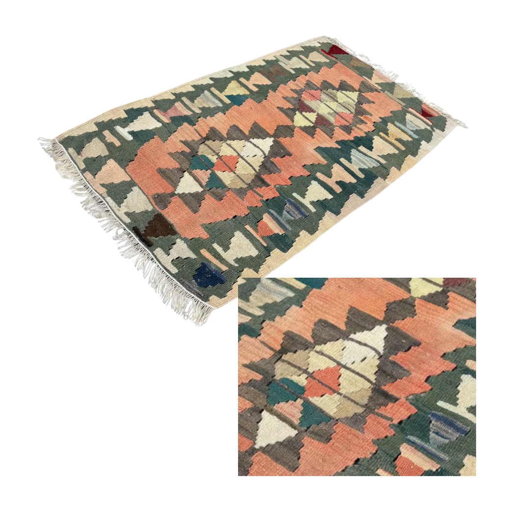 Amani Vintage Handwoven Turkish Rug, Orange, Olive Green 2x4