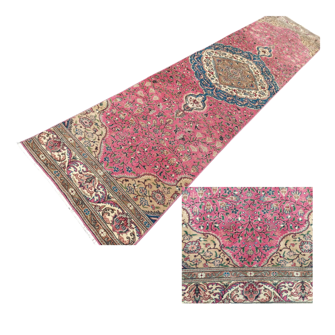 Ava Vintage Handwoven Turkish Runner, Pink and Blue, 2x10