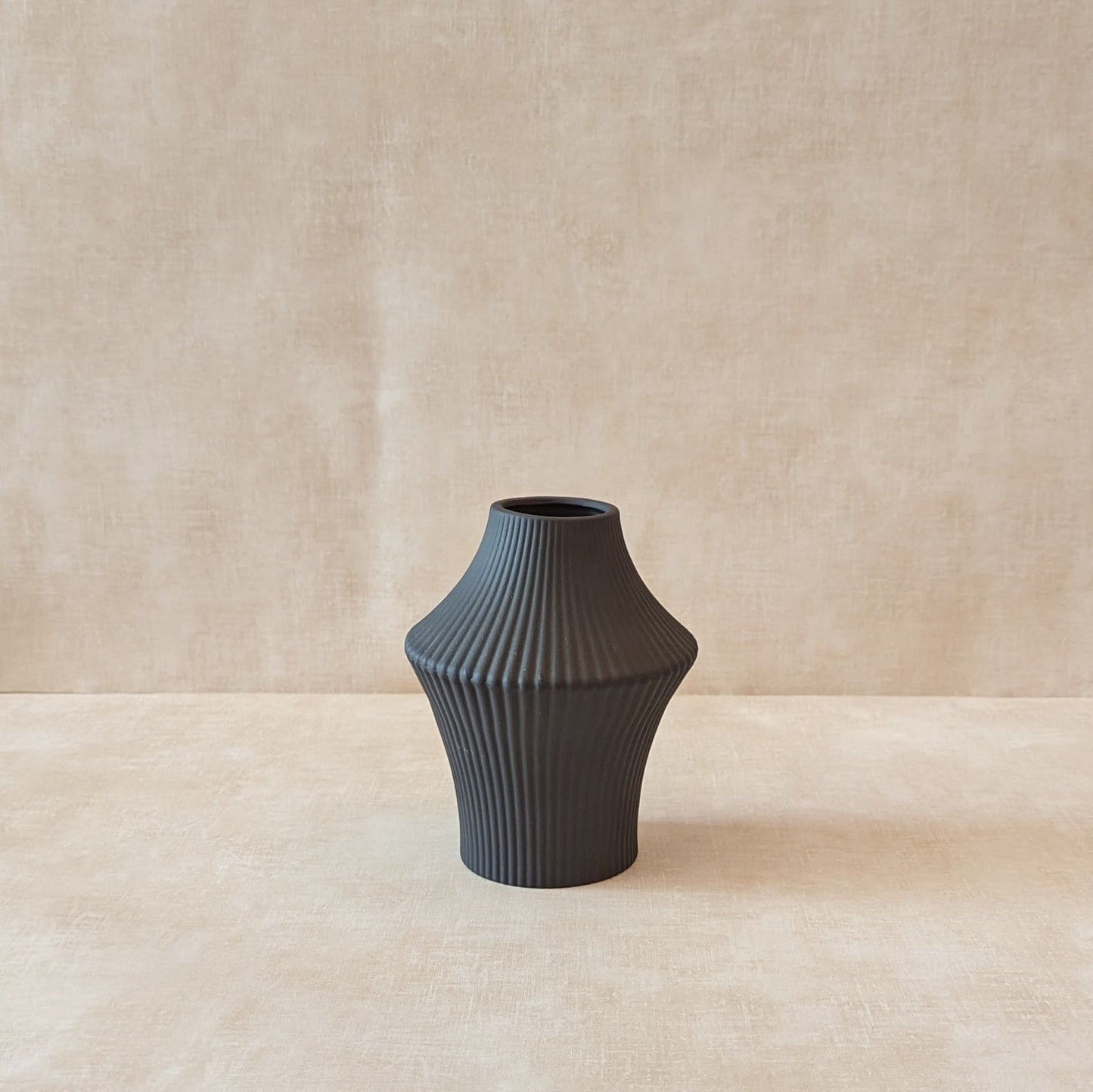 Short Black Vase with Ridges