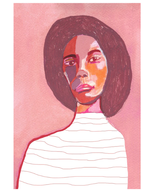 Stunning giclee print of a black woman on a pink background, 11.7" x 16.5"