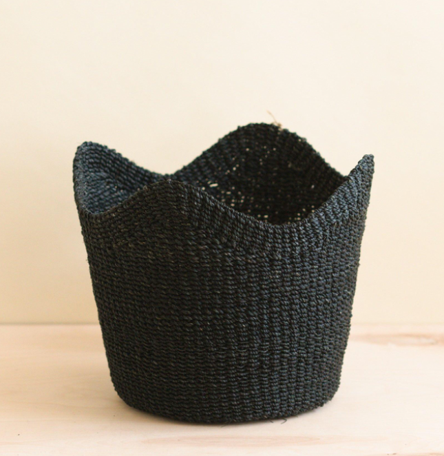 Multi-Use Black Scallop Hemp Basket - Handwoven Storage and Planter Pot