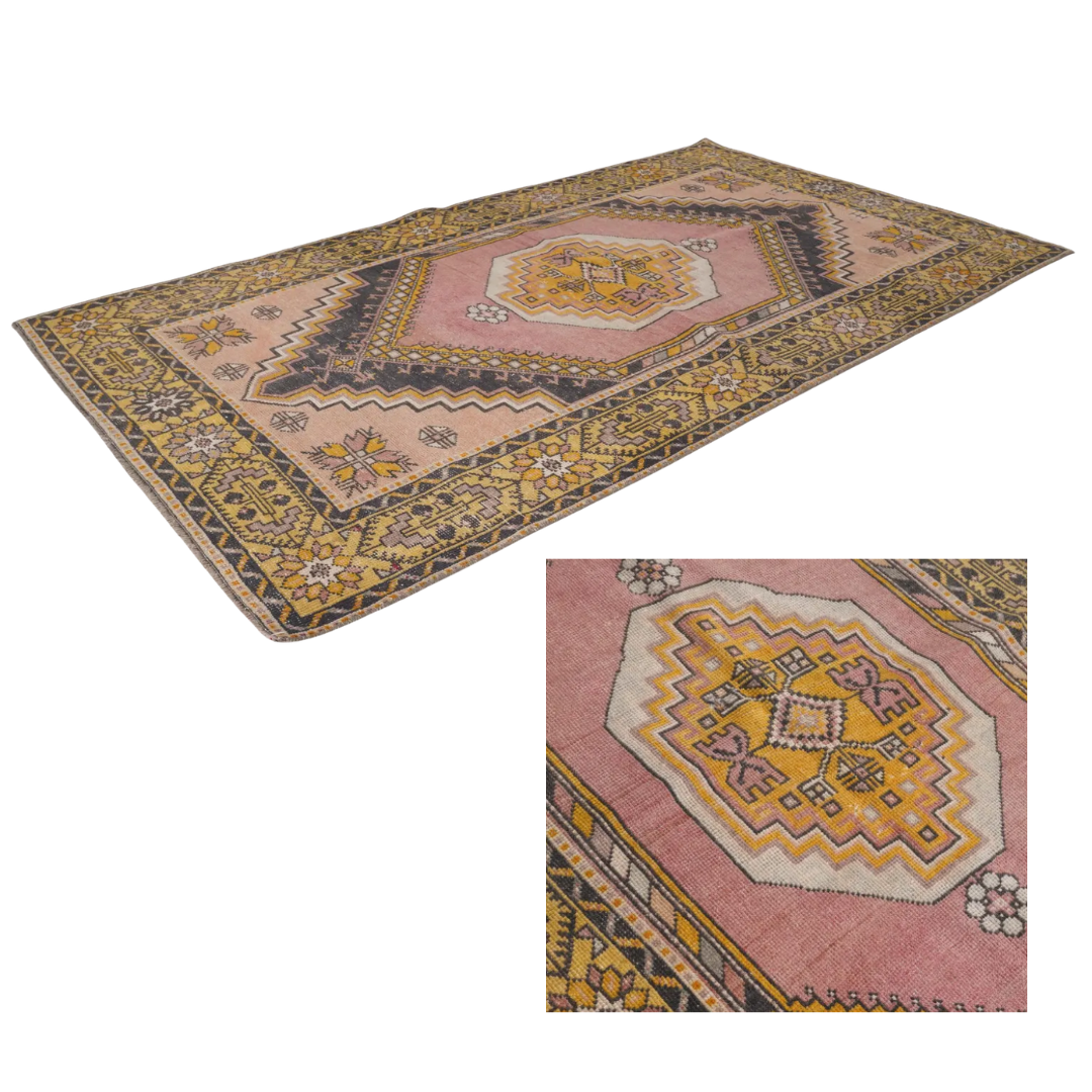 Calienne Vintage Handwoven Turkish Rug, Pink, Yellow, Black 4x7