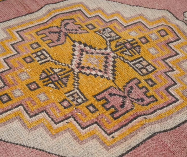 Calienne Vintage Handwoven Turkish Rug, Pink, Yellow, Black 4x7