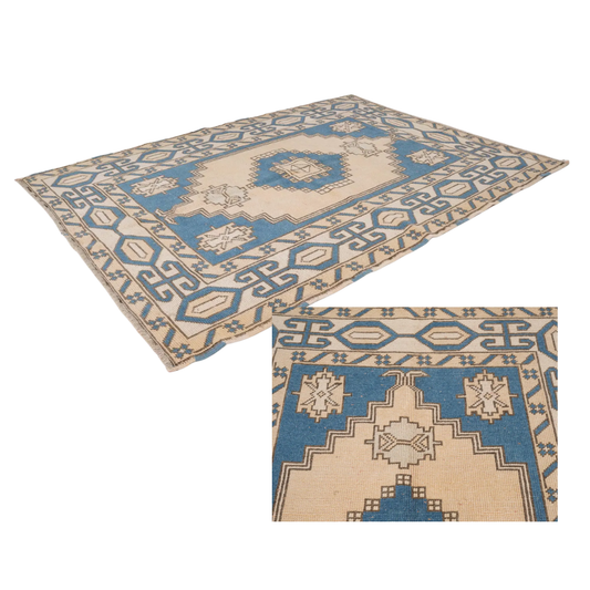Caspienne Vintage Handwoven Turkish Rug, Cream, Blue 4x6