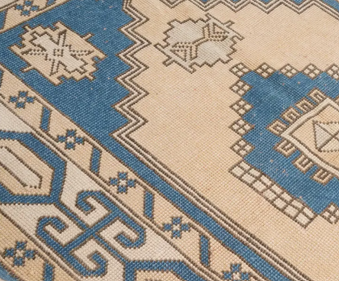 Caspienne Vintage Handwoven Turkish Rug, Cream, Blue 4x6