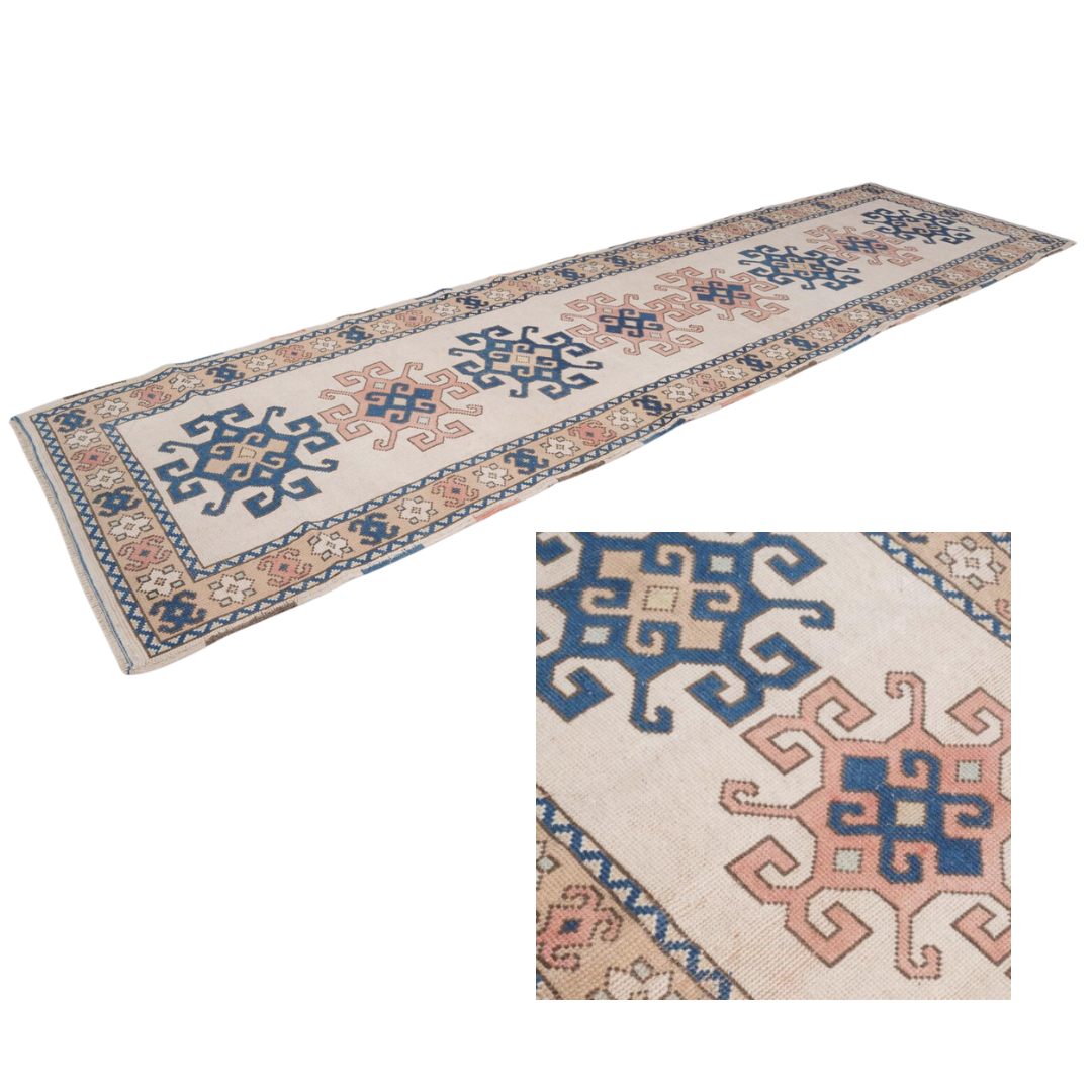 Cassia Vintage Handwoven Turkish Runner, Pink and Blue 3x10