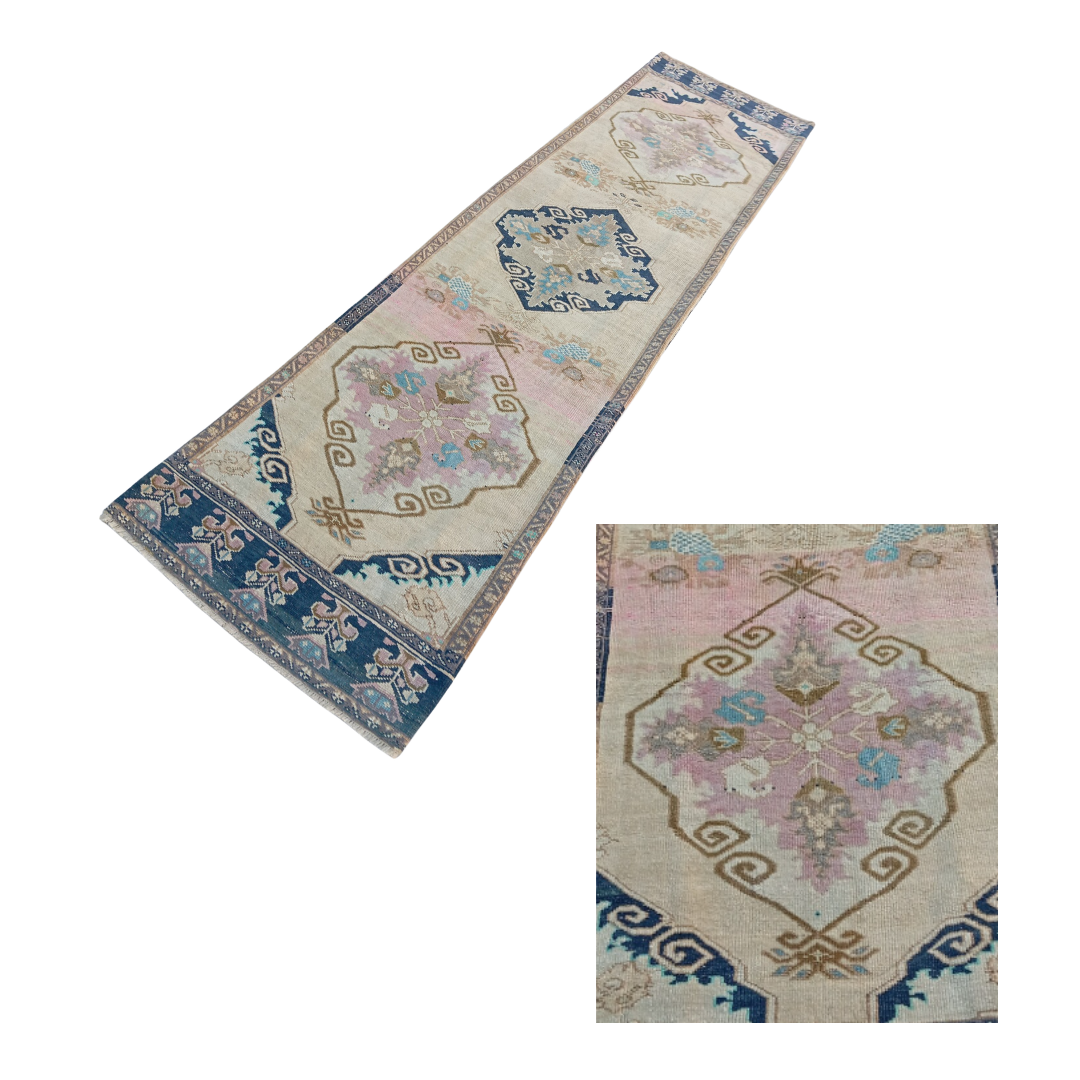 Cielo Vintage Handwoven Turkish Runner, Blue, Beige, Pink 3x12