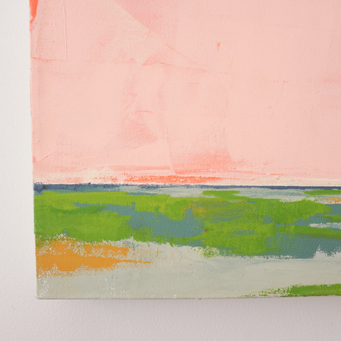 Close up of original painting on canvas. Green, orange, pink