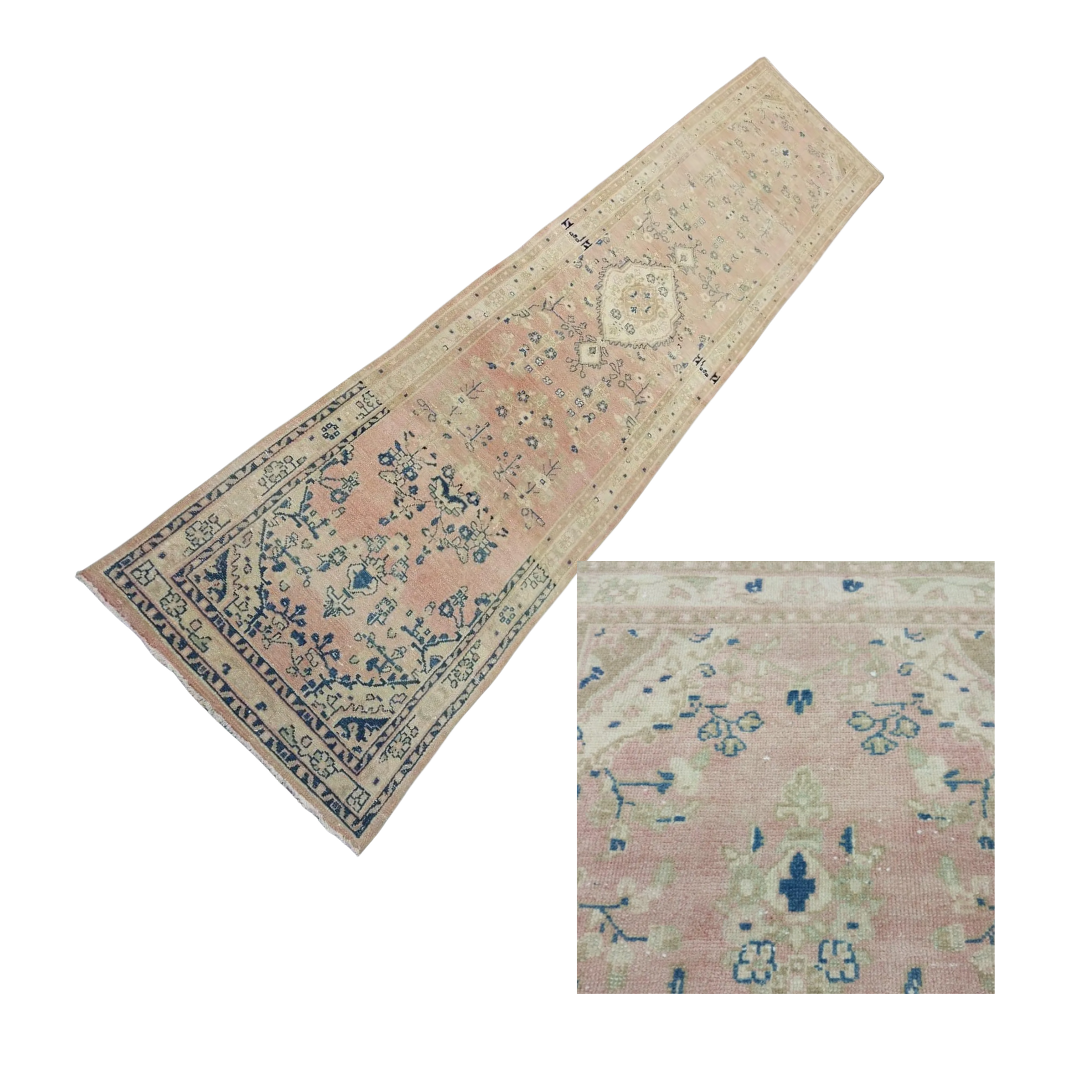 Delphine Vintage Handwoven Turkish Rug, Beige, Pink, Blue 3x12