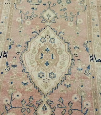 Delphine Vintage Handwoven Turkish Rug, Beige, Pink, Blue 3x12
