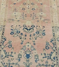Delphine Vintage Handwoven Turkish Rug, Beige, Pink, Blue 3x12