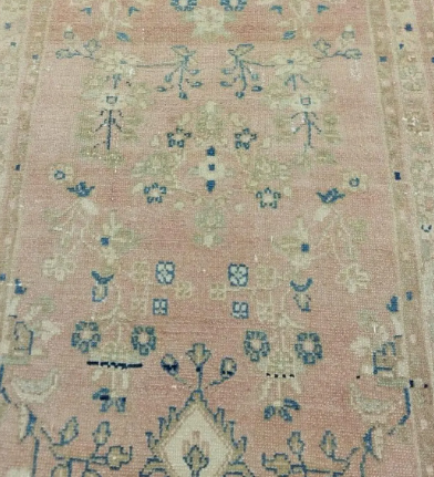 Delphine Vintage Handwoven Turkish Rug, Beige, Pink, Blue 3x12