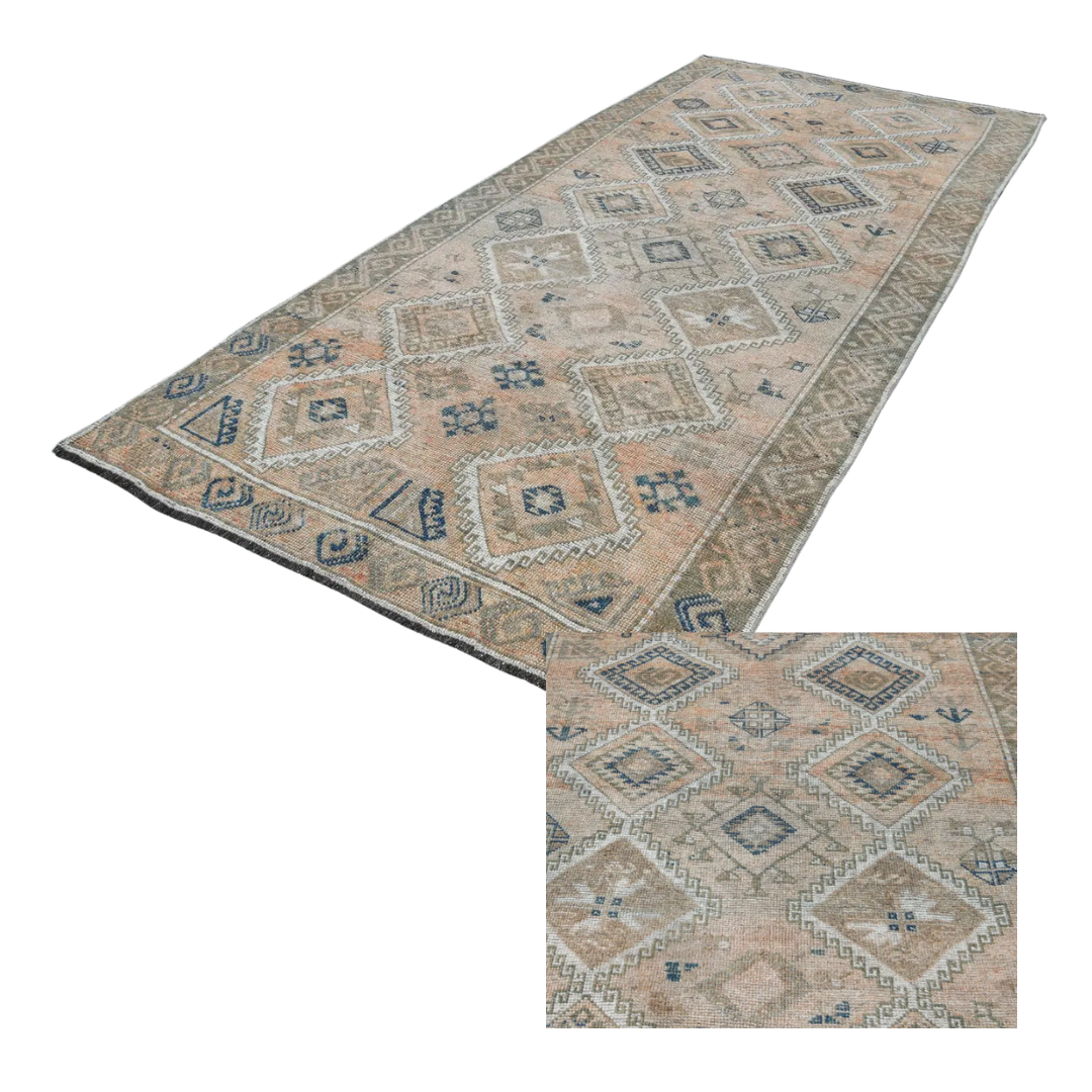 Dune Vintage Handwoven Turkish Runner, Beige, Navy Blue, 5x11