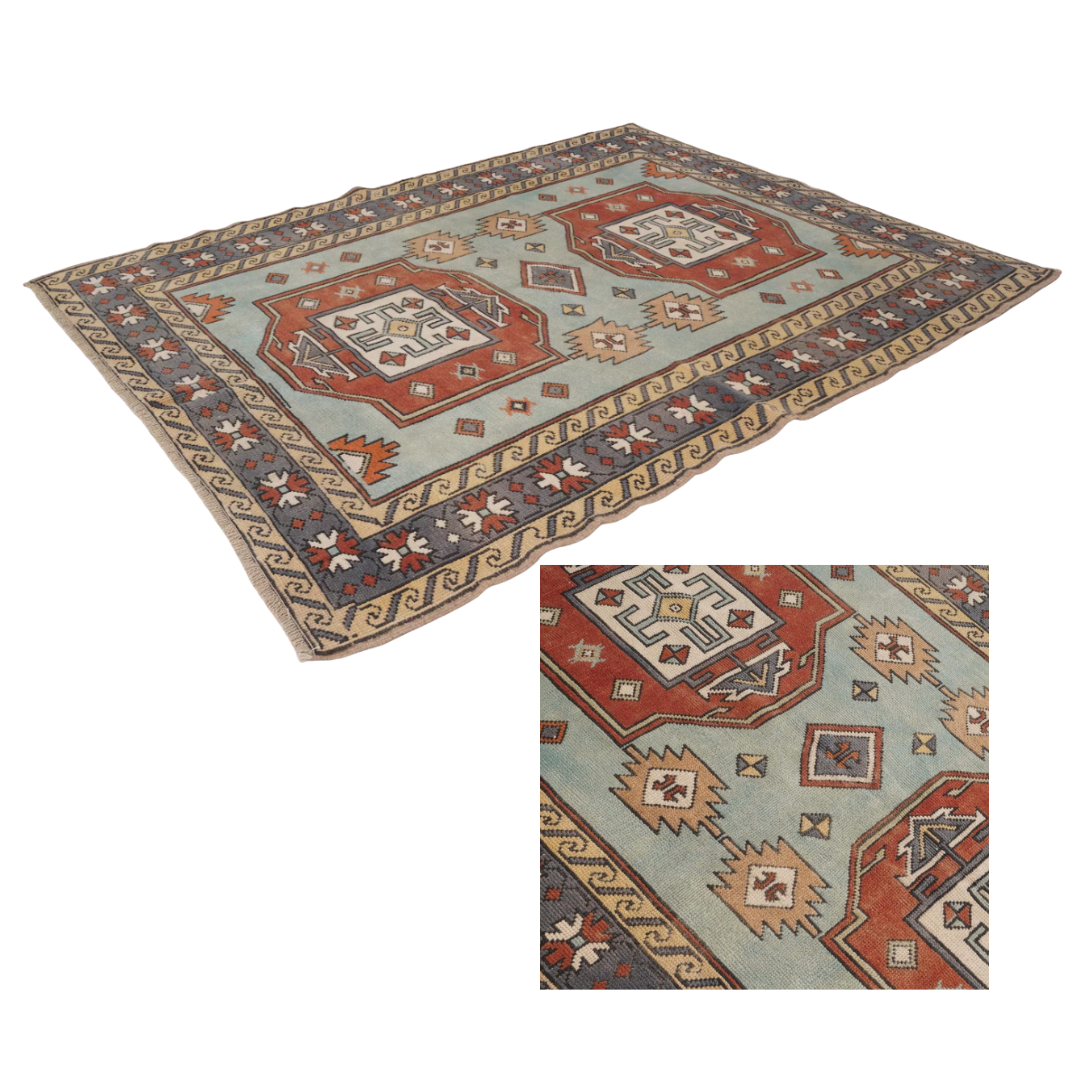 Elmas Vintage Handwoven Turkish Rug, Light Blue and Terracotta, 4x6