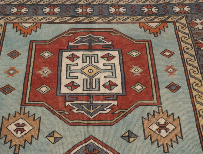 Elmas Vintage Handwoven Turkish Rug, Light Blue and Terracotta, 4x6