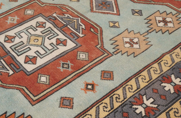Elmas Vintage Handwoven Turkish Rug, Light Blue and Terracotta, 4x6