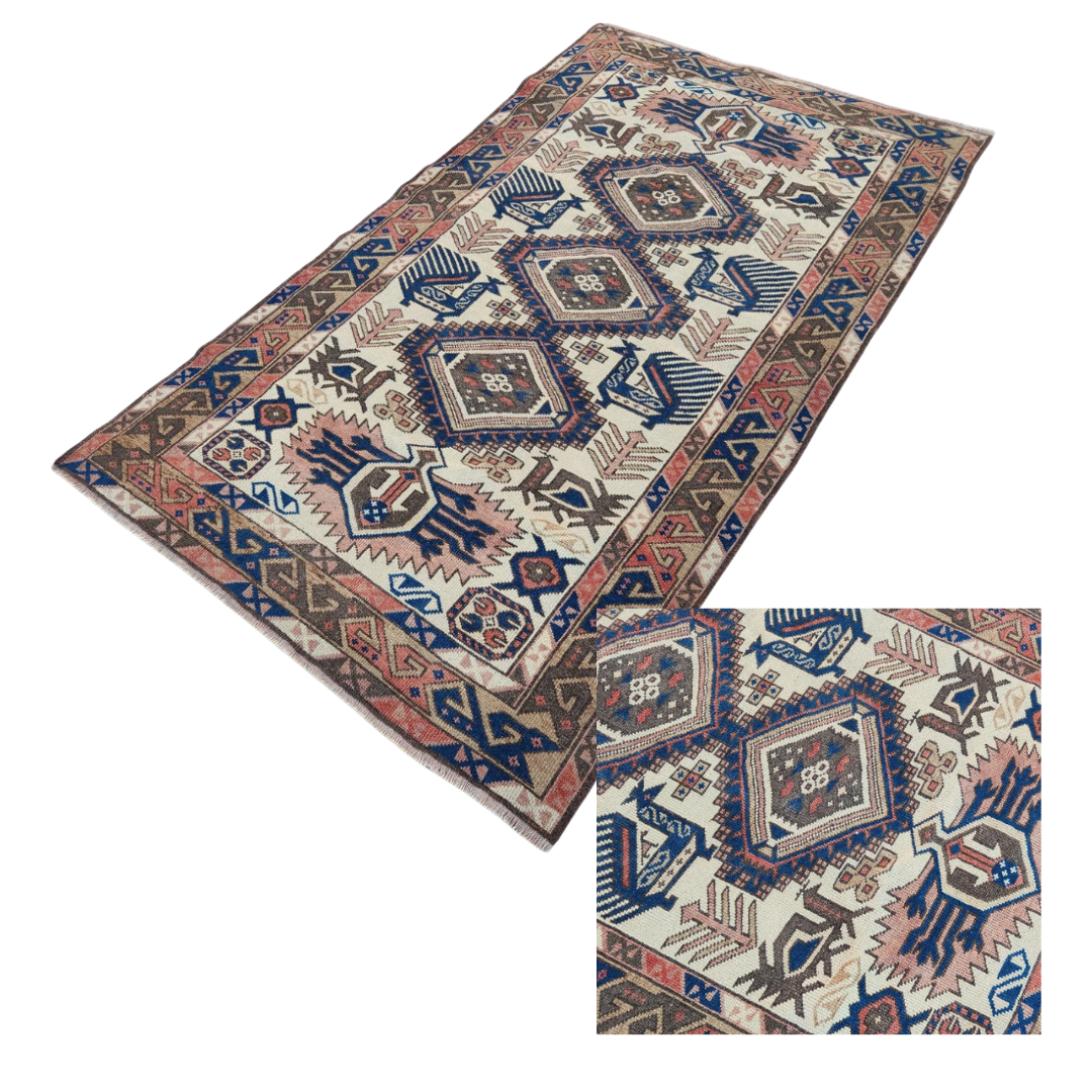 Koa Vintage Handwoven Turkish Rug, Peach, Blue 3x6