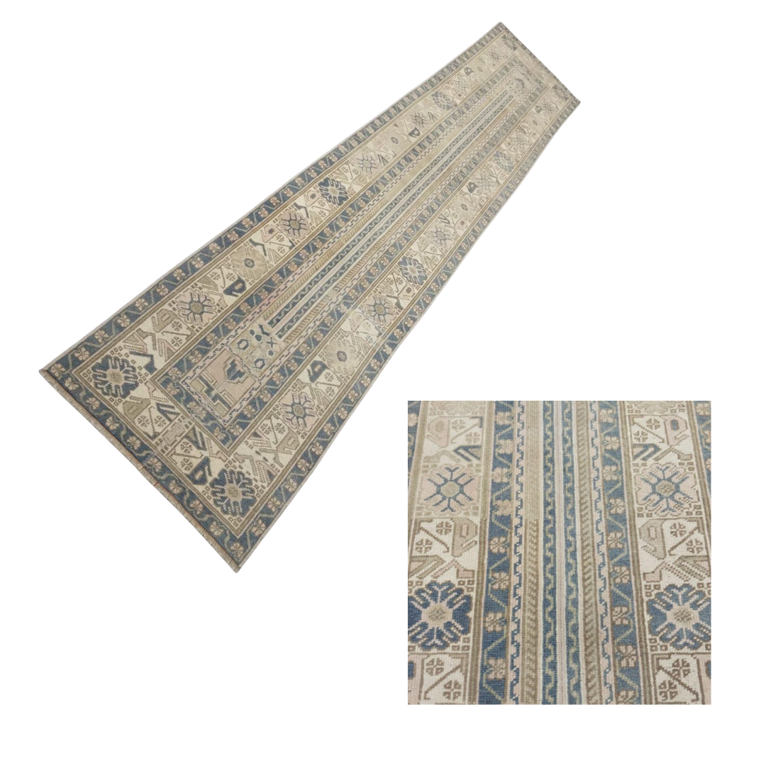 Kas Vintage Handwoven Turkish Runner, Blue, Beige, 2x10