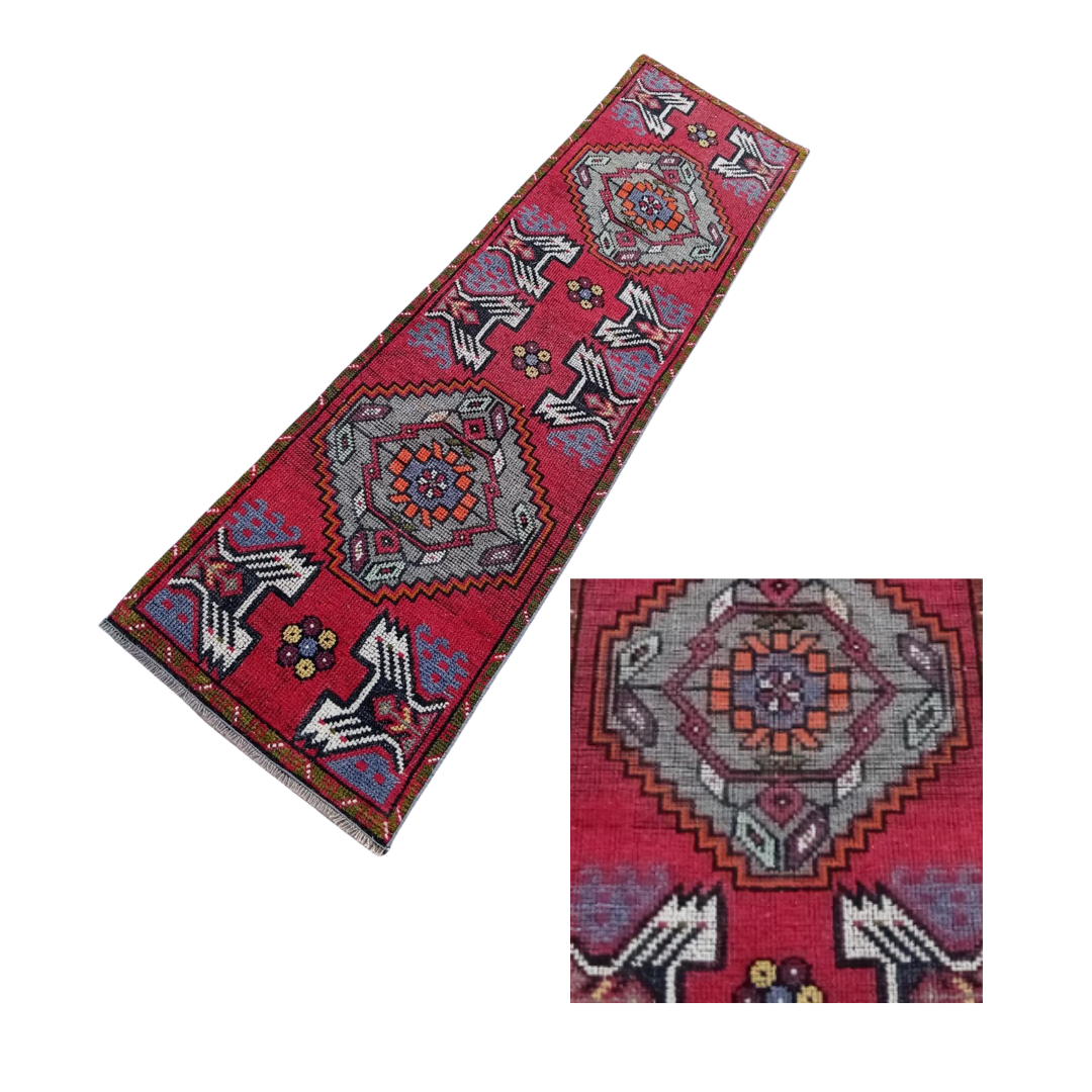 Leonie Vintage Handwoven Turkish Runner, Red, Blue, Orange, 2x6
