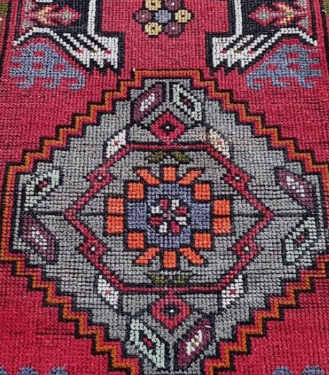 Leonie Vintage Handwoven Turkish Runner, Red, Blue, Orange, 2x6