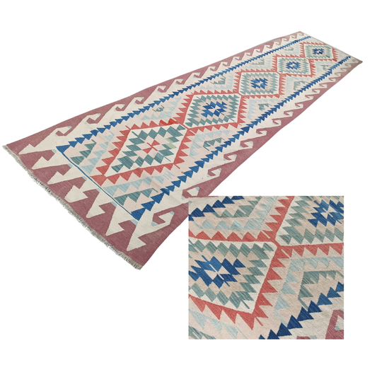Leora Vintage Handwoven Turkish Runner, Orange, Green, Blue, 3x14
