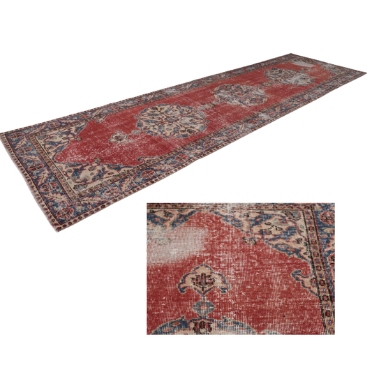 Mireya Vintage Handwoven Turkish Runner Rug, Red and Navy 3x11