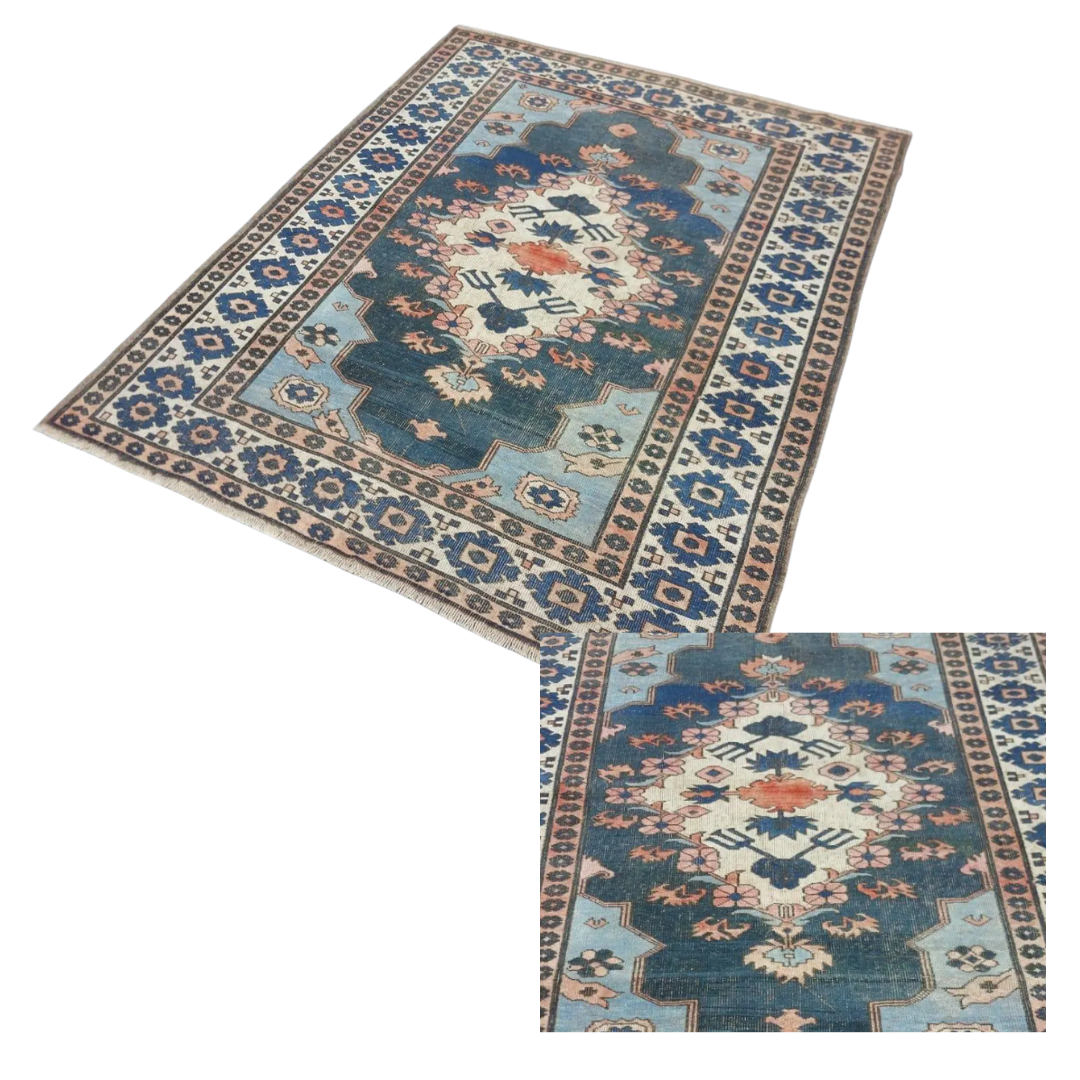 Noor Vintage Handwoven Turkish Rug, Blue, Orange, 4x5
