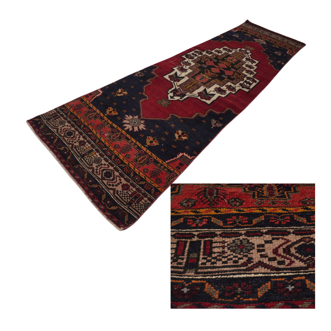 Novara Vintage Handwoven Turkish Runner, Deep Red, Black 3x11