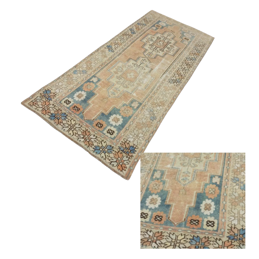 Olea Vintage Handwoven Turkish Runner, Beige, Orange, Blue 4x8