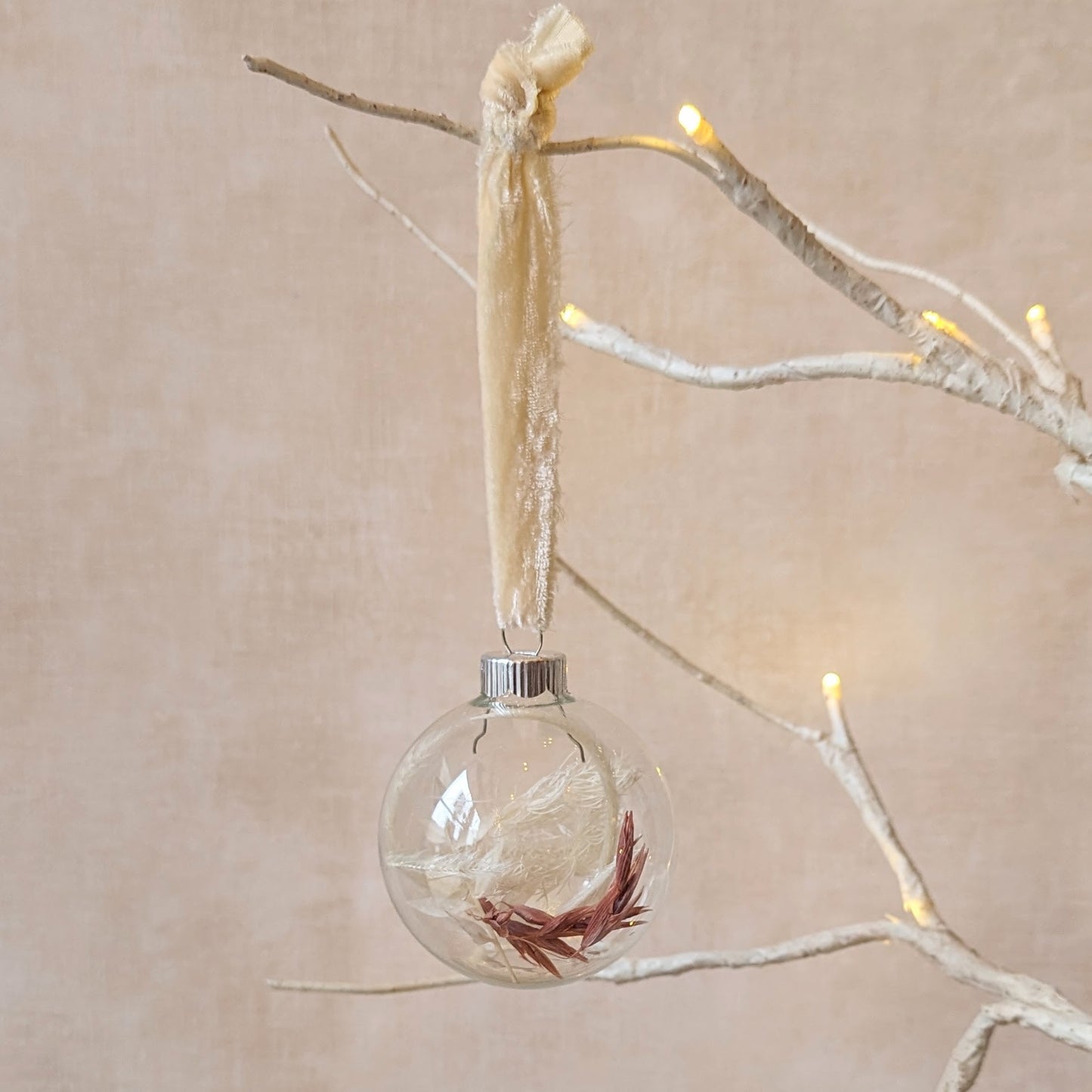 Dried Florals Glass Ball Ornament - Peach Ribbon