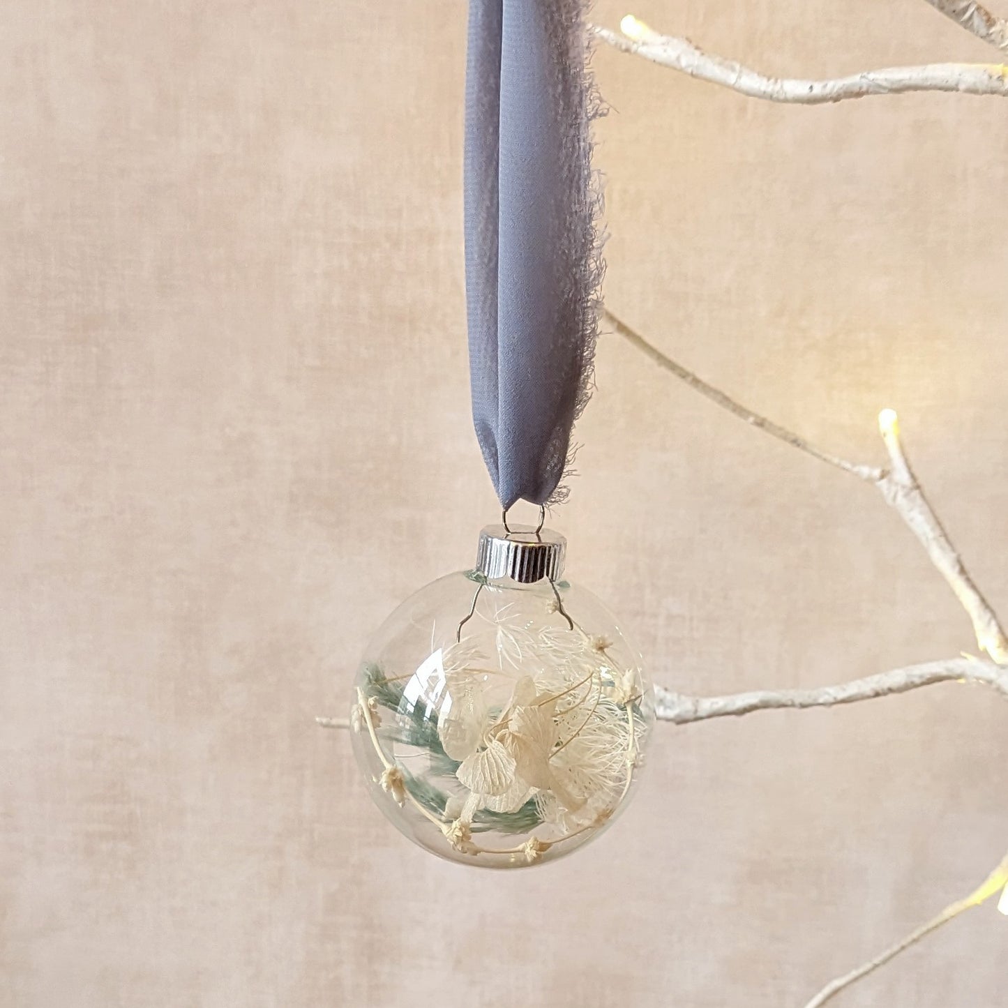 Dried Florals Glass Ball Ornament - Grey