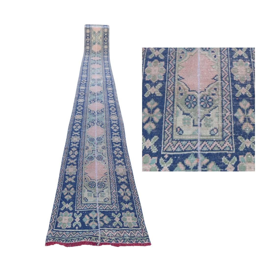 Piedra Vintage Handwoven Turkish Runner, Blue, Pink, Green 2x19