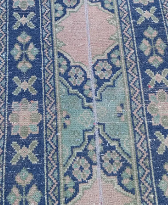 Piedra Vintage Handwoven Turkish Runner, Blue, Pink, Green 2x19