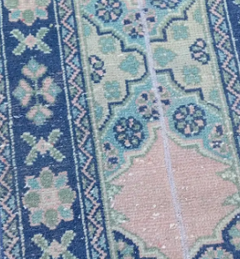 Piedra Vintage Handwoven Turkish Runner, Blue, Pink, Green 2x19