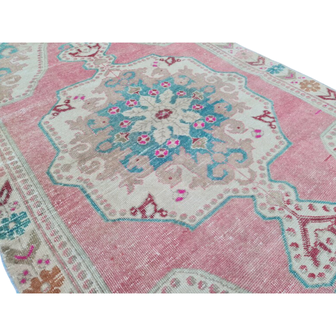 Pink and Teal Vintage Turkish Rug