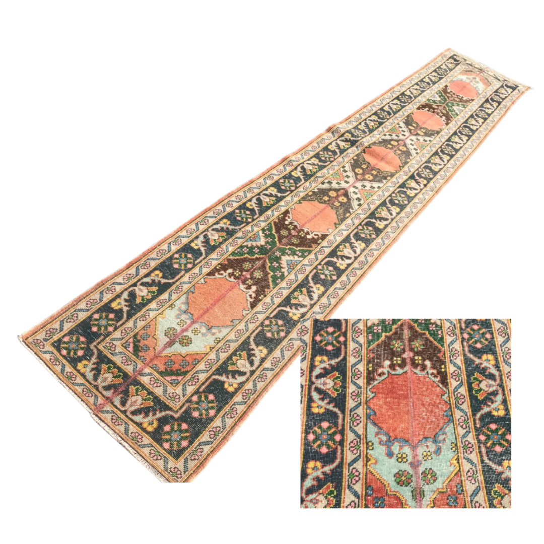 Saffron Vintage Handwoven Turkish Runner, Warm Tones, 2x13