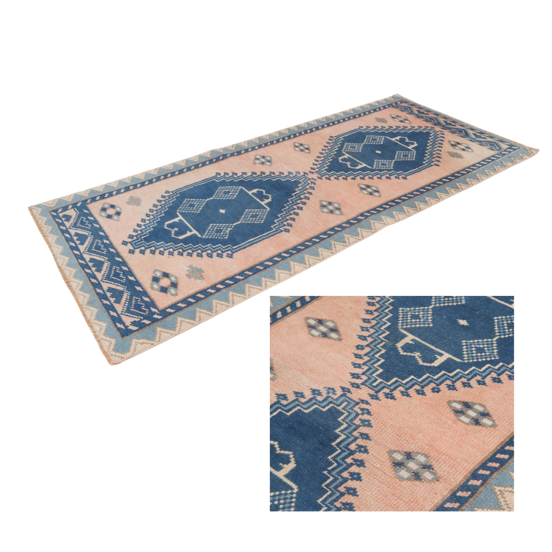 Selene Vintage Handwoven Turkish Runner, Peach, Blue, 2x5