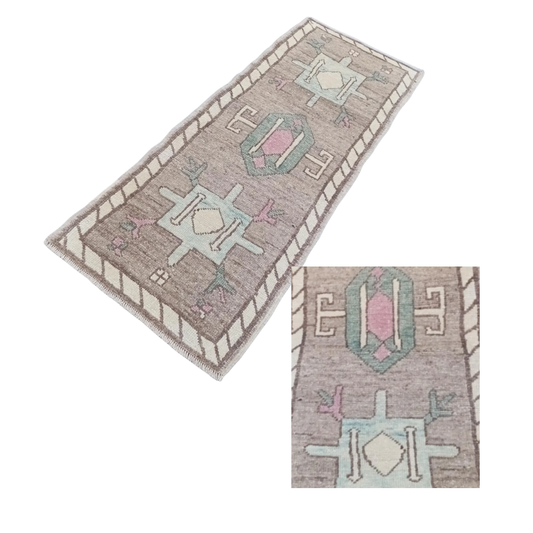 Solmere Vintage Handwoven Turkish Runner, Brown, Pink, Blue 2x6