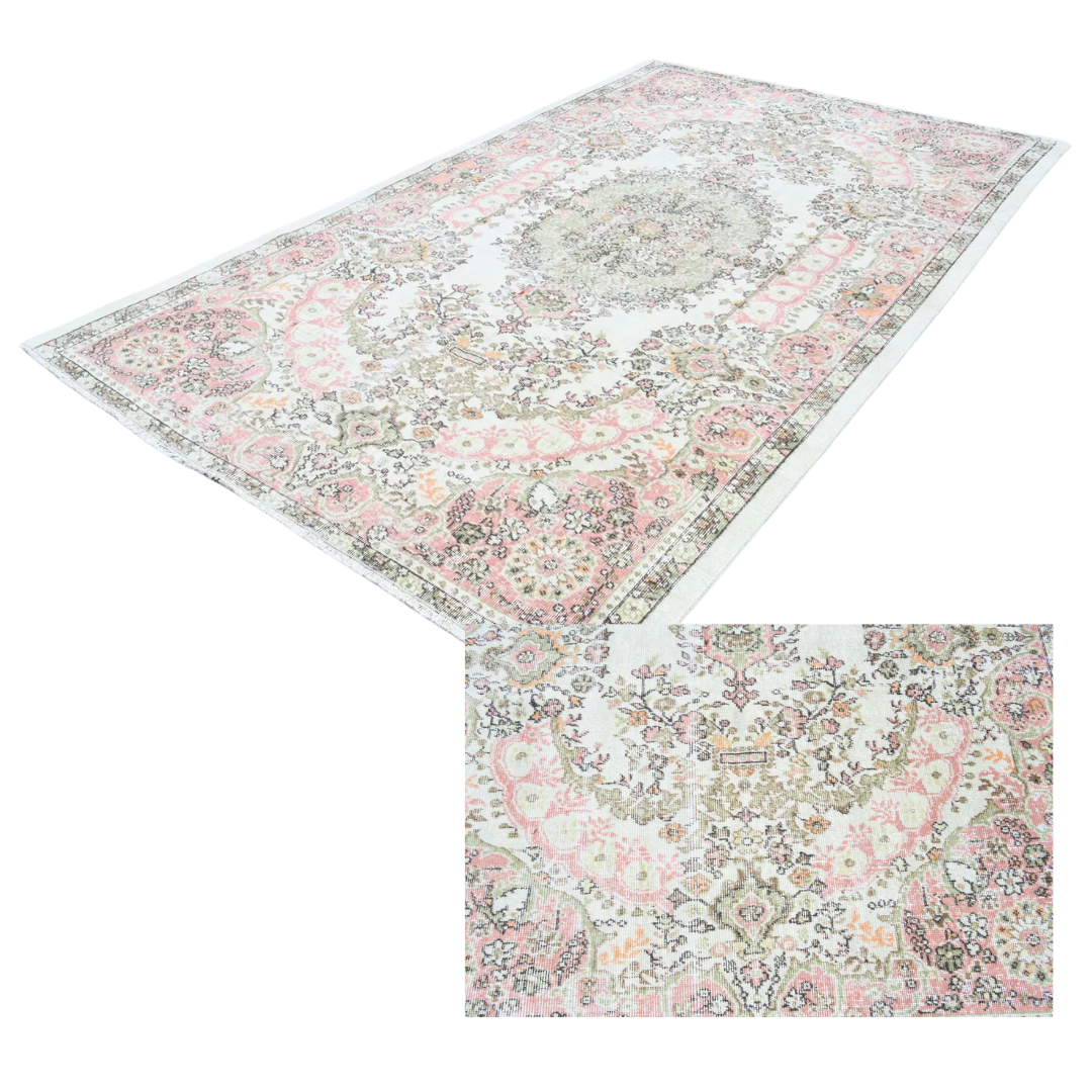 Sonnet Vintage Handwoven Turkish Rug, Pink, Green, 6x9
