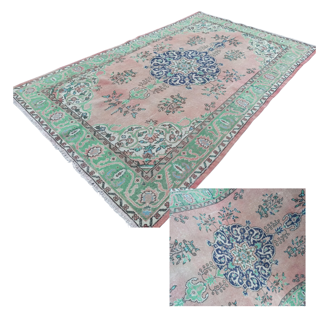 Wren Vintage Handwoven Turkish Rug, Pink and Mint 5x8