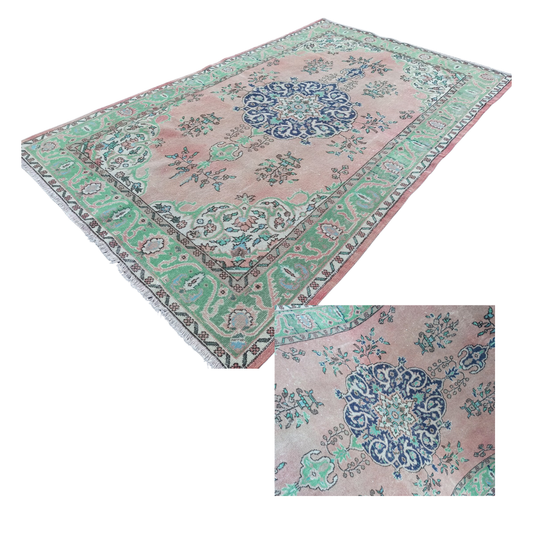 Wren Vintage Handwoven Turkish Rug, Pink and Mint 5x8