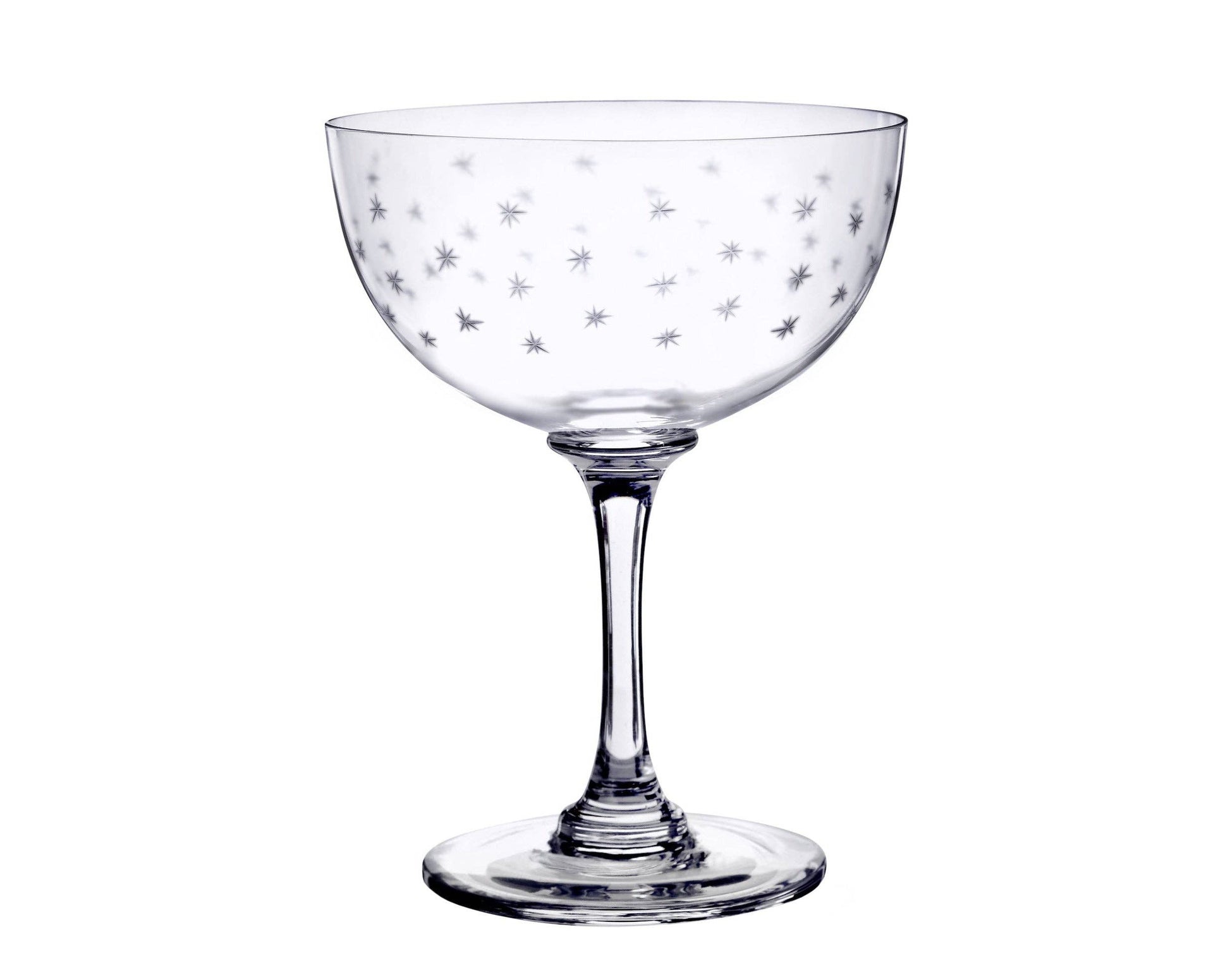 Six crystal champagne glasses with star accents for a touch of sophistication